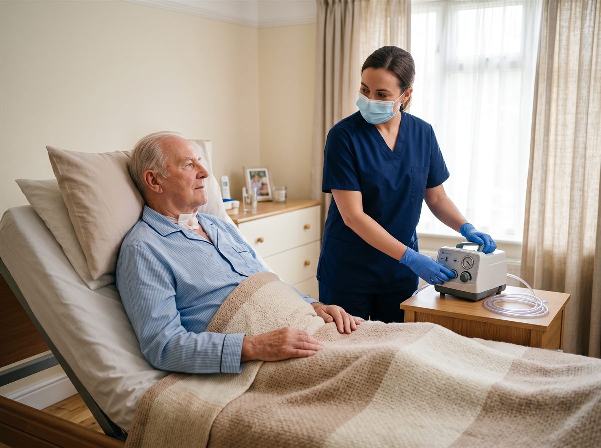 Asistentă cu mască și mănuși lângă un pacient în vârstă, în pat, care reglează un aspirator medical portabil
