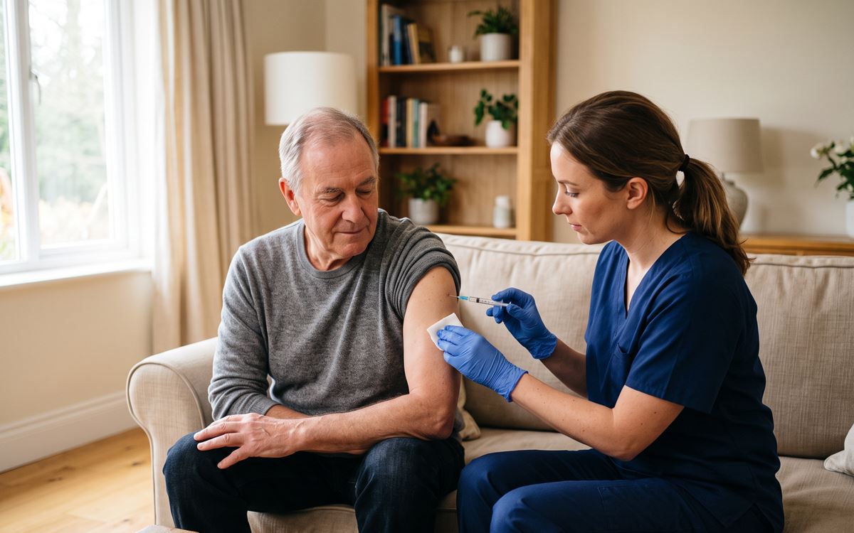 Asistentă în uniformă bleumarin care face o injecție în braț unui bărbat în vârstă, pe canapea, acasă