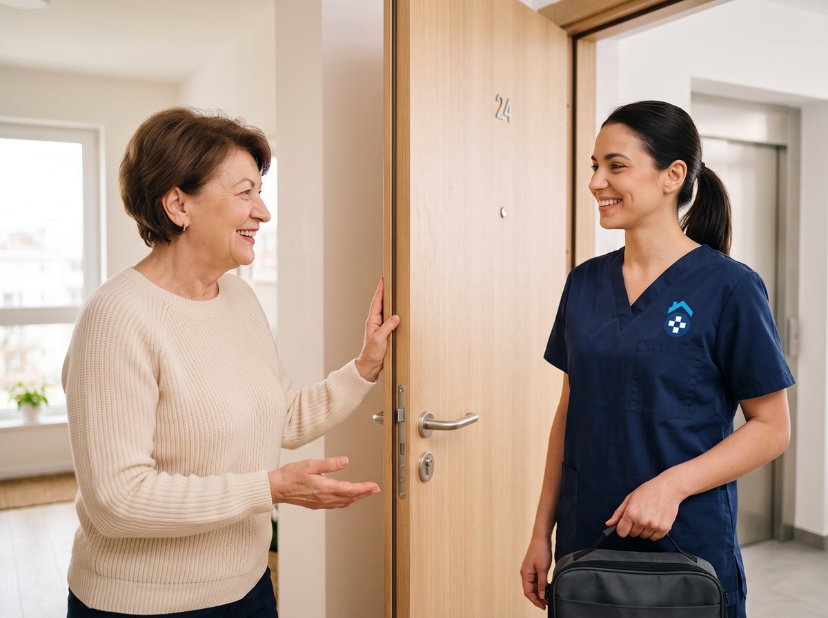 Asistentă Home Medica în uniformă bleumarin cu sigla companiei, întâmpinată la ușa apartamentului de o pacientă zâmbitoare