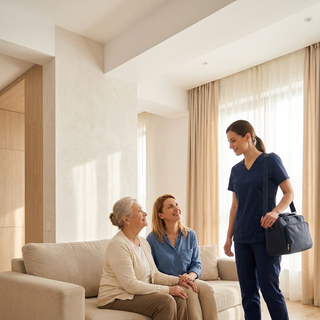 Cadru medical în uniformă bleumarin, cu geanta medicală, discutând cu o pacientă vârstnică și fiica ei în sufrageria lor